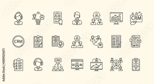 Customer Relationship Management Icons Set: CRM, People, Data, Analytics, and Support