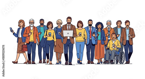 Diverse Group of Professionals in Business Attire Using Technology in a Modern