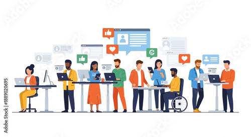 Diverse group of professionals collaborating and working together in a modern environment