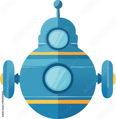 A cartoon illustration of a blue submarine with yellow stripes and round windows, viewed from the front, on a white background.