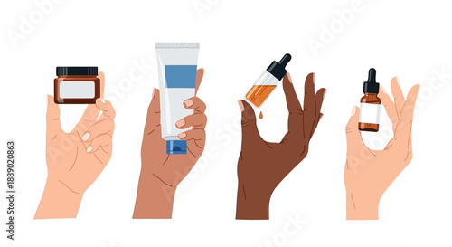 Diverse Hands Holding Skincare Products: Cream Jar, Tube, and Dropper Bottles