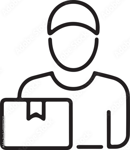 Courier Holding Package Delivery Icon, Simple black outline icon of a courier holding a parcel, representing delivery service, logistics, shipping, and ecommerce order fulfillment.

