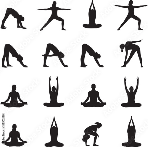 Black silhouette yoga poses collection.