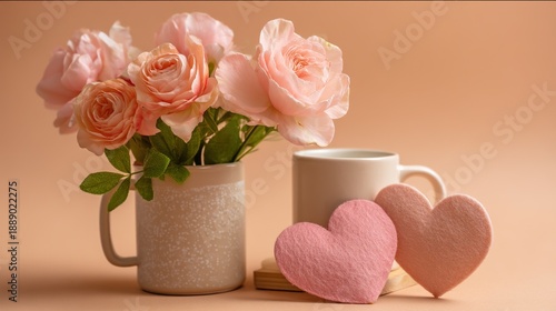 Wallpaper Mural A rose in an elegant cup, with a felt heart on the cup, placed on a wooden board, Valentine's Day decoration, for celebrating love and showcasing soft-colored products. Torontodigital.ca