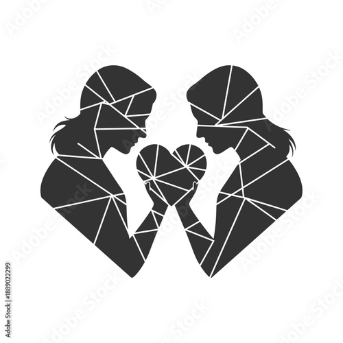 Loving Couple Silhouettes Forming Heart Shape with Hands in Geometric Style Isolated on White with romantic and love and relationship in valentines day people for abstract