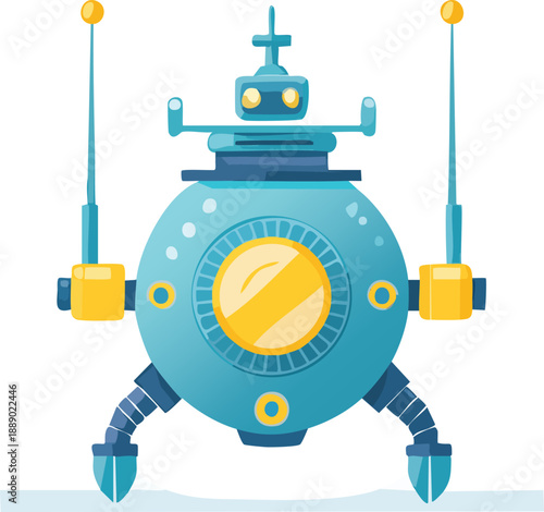 A cartoon illustration of a friendly blue and yellow robot with a round body, antennae, and three legs, standing on a light surface.