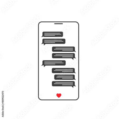 Smartphone Screen with Chat Bubbles and Red Heart on White Background with phone and conversation and messaging in text illustration for digital