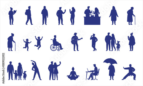 People Silhouette Set Diverse Ages Activities Lifestyle Poses Blue Vector Collection