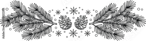 Black Hand Drawn Vector Illustration of Pine Tree Branches with Cones and Stars Featuring Elegant Evergreen Christmas Foliage Border for Winter Holiday Season Card Design