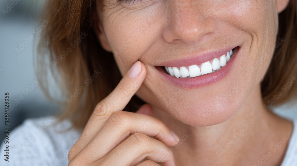 Fototapeta premium Close-up of faceless woman showing perfect white teeth, subtle smile, fingers near cheek highlighting confident expression, bright neutral background, stomatology healthcare concep