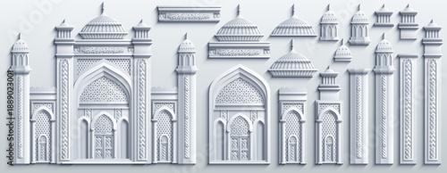 Set of white paper cut style vector icons of oriental buildings, mosques and arched portals. Minimalist 3D architectural elements isolated on white background.