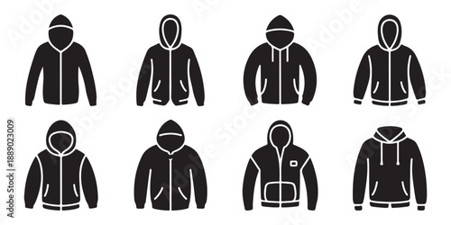Hoodie Icon Set. Variety of Zip-Up and Pullover Styles.