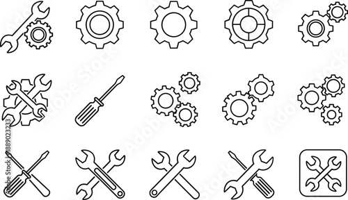 Black Outline Vector Icon Set of Industrial Tools and Gears Featuring Wrenches Screwdrivers and Cogwheels for Mechanical Engineering Maintenance Service and Technical Repair Design