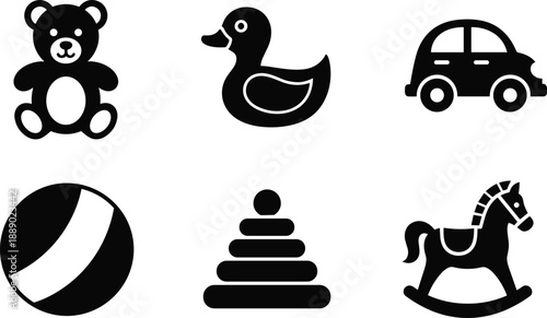 Black Silhouette Vector Set of Baby Toys Featuring Teddy Bear Rubber Duck Toy Car Ball Stacking Rings and Rocking Horse for Nursery and Childhood Design