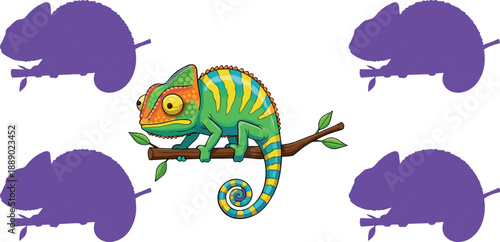 Colorful chameleon vector set with vibrant cartoon reptile character and purple silhouette poses, tropical wildlife theme, and playful exotic animal design