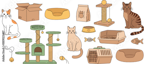 Cat care vector set with kittens, scratching posts, litter boxes, pet beds, carriers, toys, food bowls, and cute feline accessories