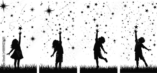 Black Silhouette Vector Set of Little Children Reaching for Stars in Night Sky Featuring Constellations Galaxy Background Dreamy Inspiration and Magical Childhood Wonder Elements