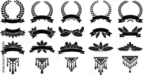 Black and white vector icon set featuring decorative laurel wreaths blank heraldic banners feathers and tribal tassel ornaments for classic award and branding design