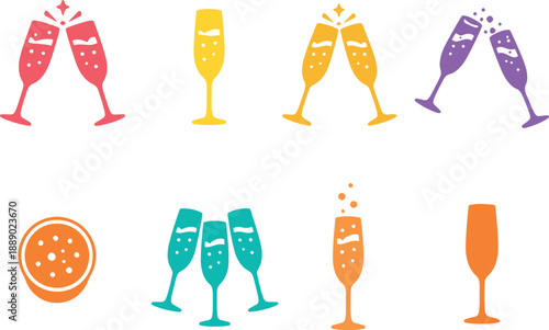 Celebratory champagne flutes in vibrant colors clinking together isolated on transparent background