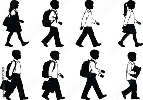 Black Silhouette Vector Set of School Children Walking with Backpacks and Bags Featuring Boys and Girls Students for Education Back to School Design Elements