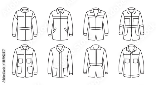 Set of jacket and shorts fashion design flat sketches, technical drawing.