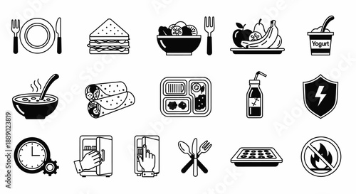Healthy Food Icons Set: Nutrition, Meals, and Healthy Lifestyle Symbols