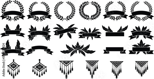 Black and white vector icon set featuring decorative laurel wreaths blank heraldic banners feathers and tribal tassel ornaments for classic award and branding design