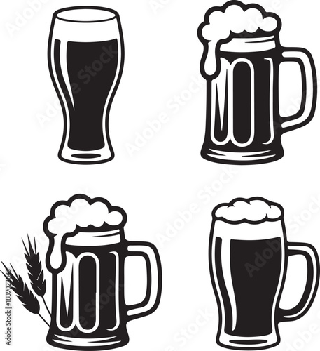Four black and white beer mugs with varying foam amounts and one with wheat glasses