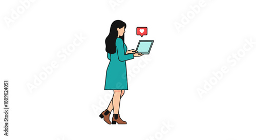 A young woman in a teal dress holding a laptop with a social media like notification above it.