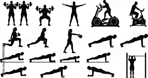 Black and white vector icon set featuring silhouettes of people exercising with weights squatting running on machines and performing planks for fitness gym design