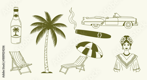 Retro Cuban Tropical Vibes Vector Icon Set: Travel, Leisure, and Lifestyle Elements