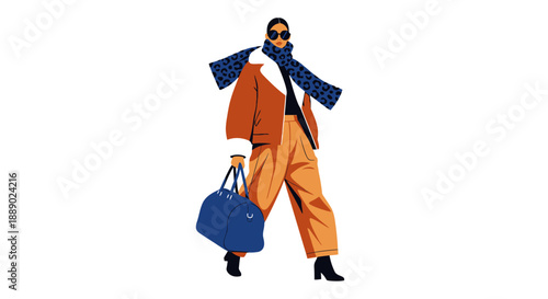 Fashionable Woman with Scarf and Duffle Bag, Modern Flat Illustration Style