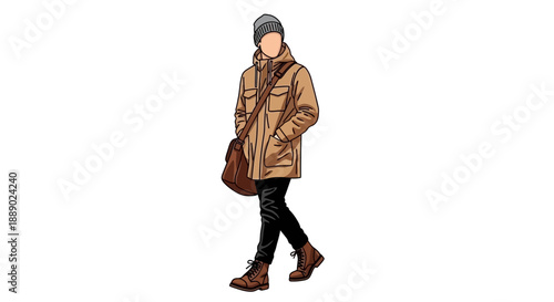 Modern Man in Winter Outfit Walking with Shoulder Bag, Vector Illustration
