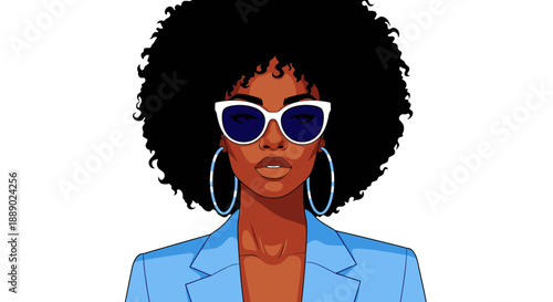 Stylish Black Woman with Afro and Sunglasses in Blue Blazer - Vector Art
