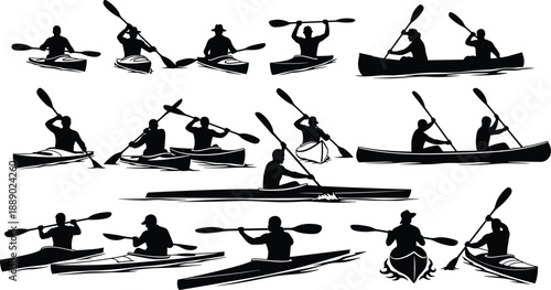 Black and white vector icon set featuring silhouettes of people kayaking rowing and paddling in canoes for outdoor water sports and adventure design