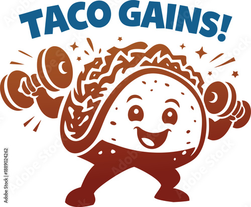 Cartoon taco character lifting weights celebrating fitness and healthy eating concept
