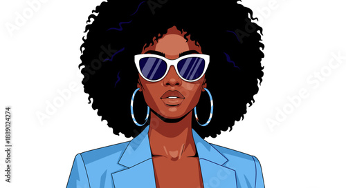 Stylish Black Woman with Afro Hair and Sunglasses Wearing a Blue Blazer