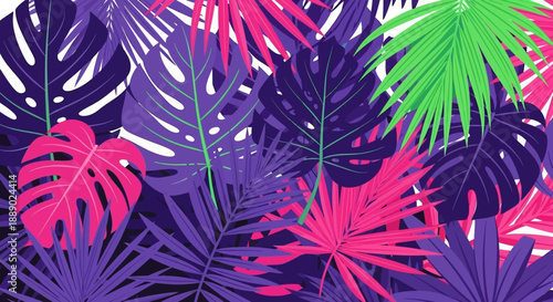 Vibrant Tropical Leaves Seamless Pattern in Purple, Pink, and Green