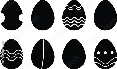 Black and white vector icon set featuring various Easter egg silhouettes with decorative patterns waves and simple shapes for spring holiday celebration design