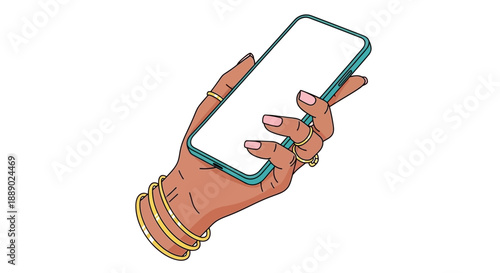 Stylish Hand Holding a Modern Smartphone with Blank Screen, Decorated with Rings and Bangles
