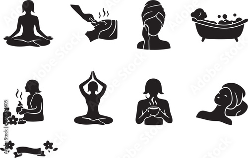 Collection of black and white icons depicting various relaxation and wellness activities including yoga spa and selfcare routines