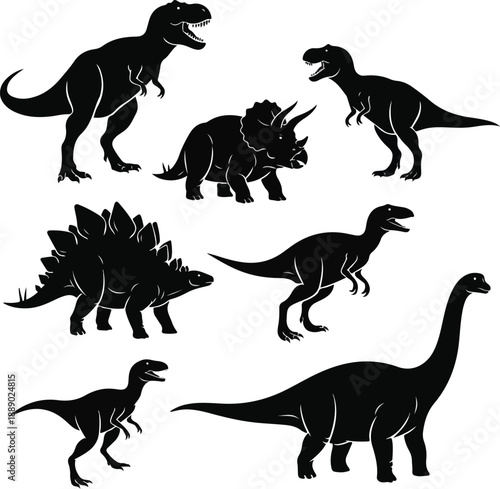 A vector illustration of abstract black dinosaurs icons in various poses on a white background. Perfect for graphic resources, educational materials, presentations.