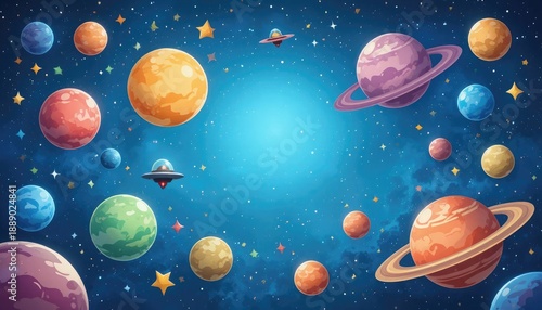 Colorful cartoon planets and spaceships in starry night sky