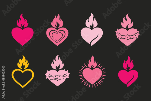 Collection of colorful heart icons with flames featuring sacred heart designs isolated on transparent background