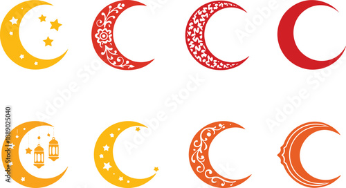Collection of colorful crescent moon designs with stars and intricate patterns isolated on transparent background
