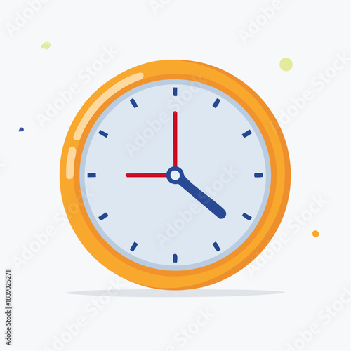 Modern orange clock face with red and blue hands displaying precise time on a clean white background
