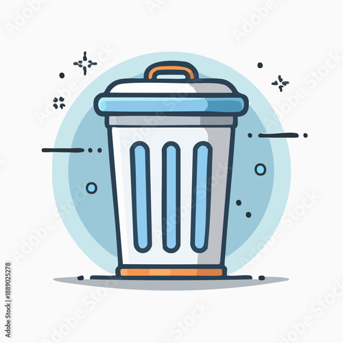 A blue and white trash can with a lid, surrounded by design elements, in a simple illustration style
