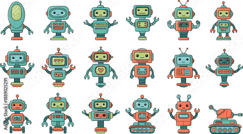 Cute cartoon robot vector set with colorful AI characters, retro androids, friendly tech mascots, and playful futuristic machines for kids