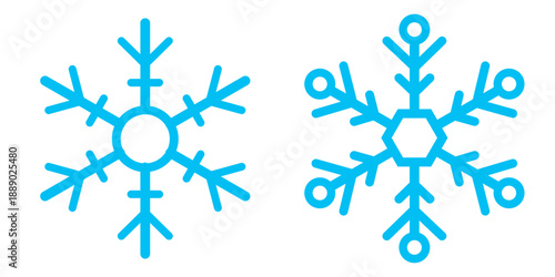 Light blue linear snowflakes collection. Simple snow flake icon set for Christmas and Happy New Year decor, winter holiday decoration, greeting card, logo design element