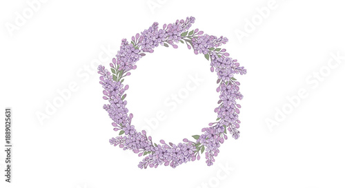 Circular wreath made of delicate purple lilac blossoms and green leaves in a soft watercolor style for romantic greeting cards.